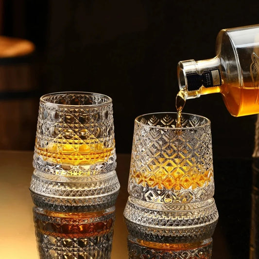 2026 New Whiskey Glasses Rotating Whisky Glass with Glass Base 360 Rotate Degrees Crystal Rum Glass for Cocktail Party Drinking